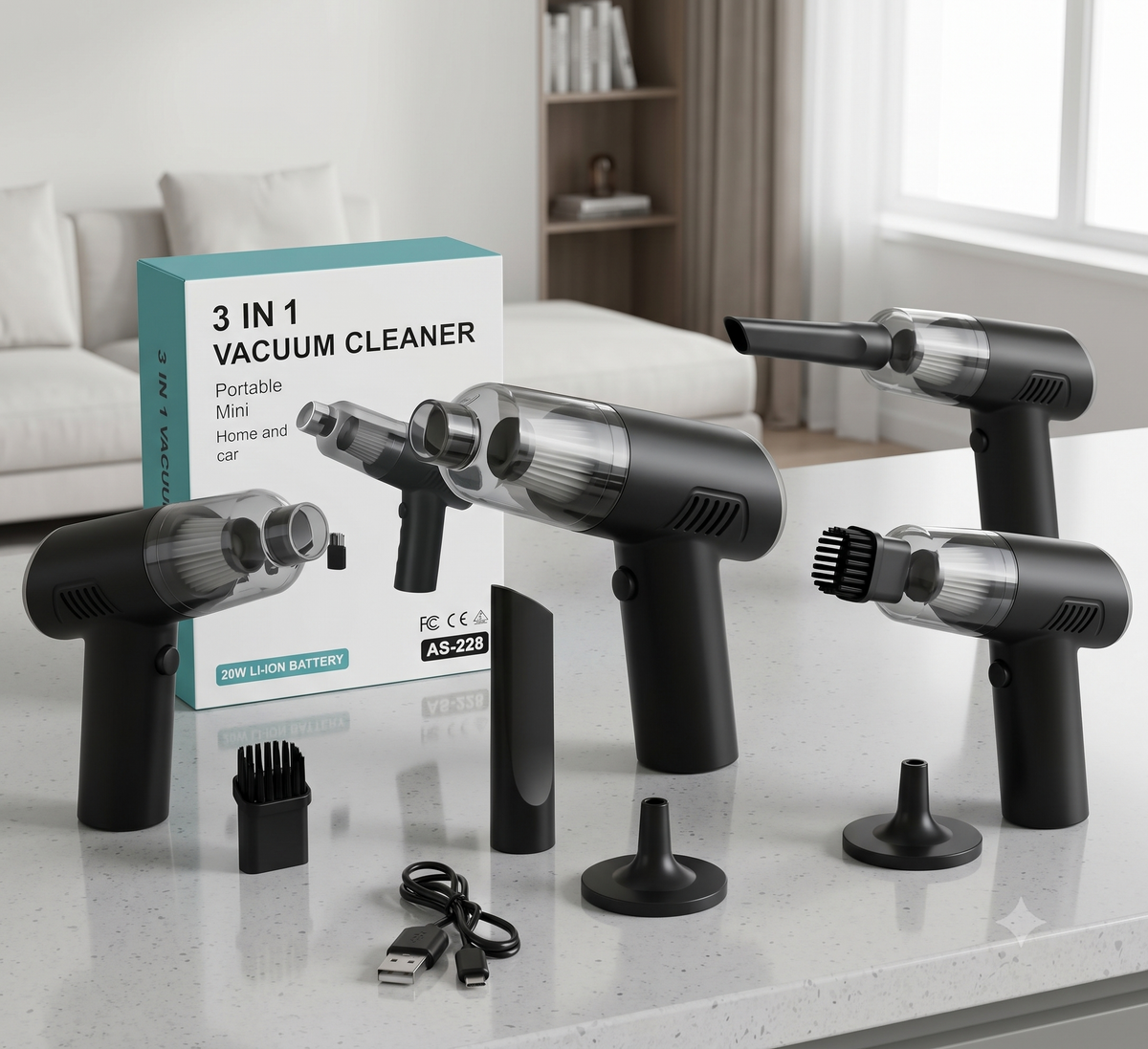 3-in-1 Cordless Handheld Car & Home Vacuum Cleaner (Model AS-228)